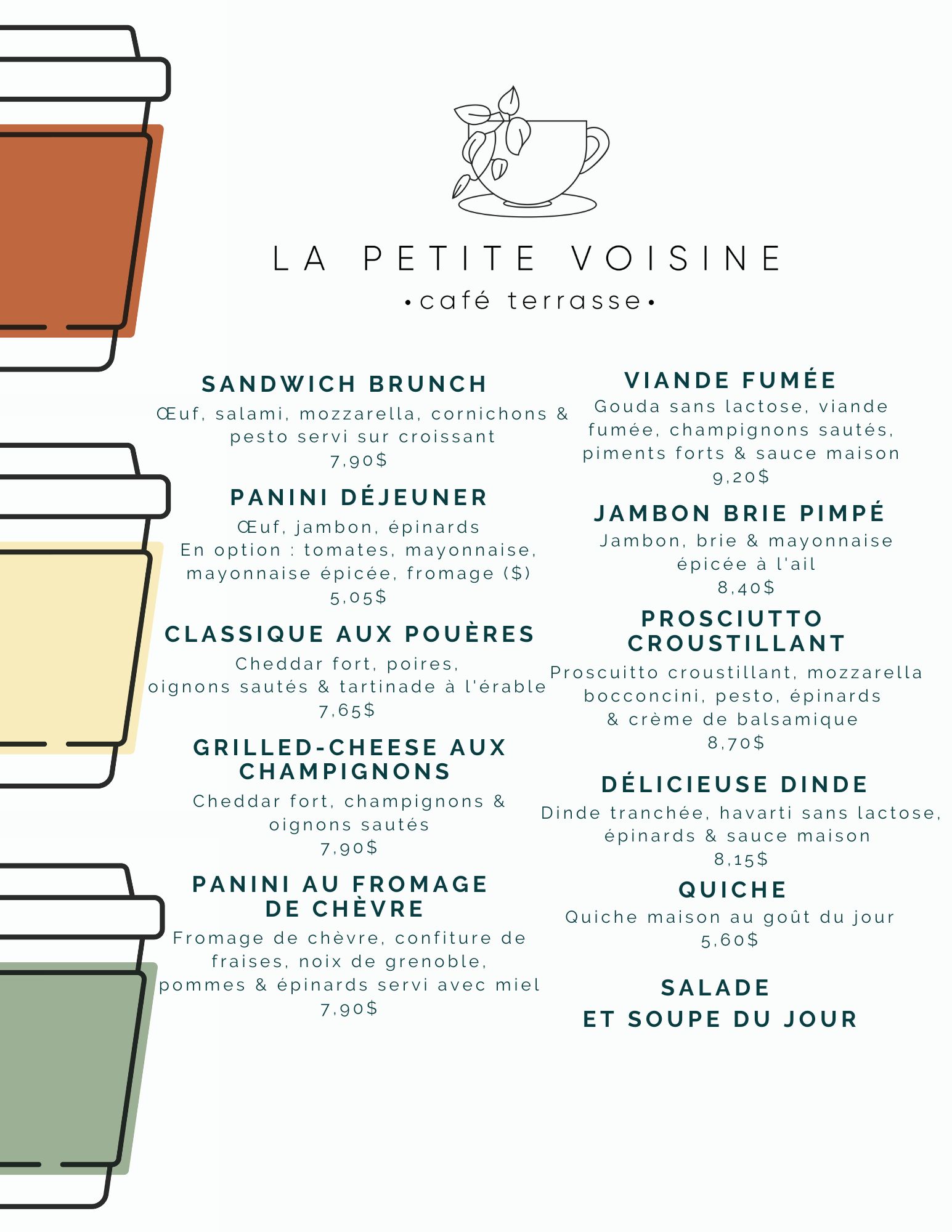 Menu bouffe du Café La Petite Voisine : déjeuners et lunchs maison